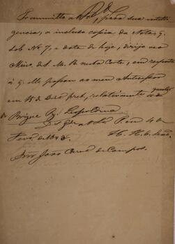Relatório original com data de 4 de fevereiro de 1843 escrito por João Carneiro de Campos, enviando ao ministro britânico na corte do Rio de Janeiro a cópia de uma nota relativa ao brigue Leopoldina.