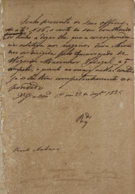 Despacho enviado pelo Vicente Antônio da Costa, em 22 de dezembro de 1825, informa que as corresp...