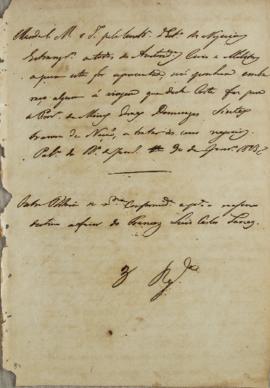 Minuta de despacho enviado para Luiz Carlos Lenez, em 30 de janeiro de 1823, comunicando que algu...