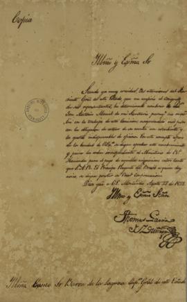 Cópia do ofício encaminhado por Tomás García de Zuñiga (1780-1843), em 27 de agosto de 1822, ao B...