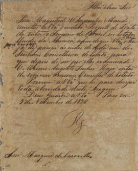 Circular enviada em 5 de novembro de 1828 para o Marquês de Caravella, comunicando que o Imperado...
