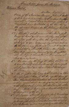 Cópia de contrato firmado entre Robert Walker e Manoel Pinto da Fonseca com data de 27 de janeiro de 1843, no qual se registra as condições para o fretamento de mercadorias do negociante brasileiro a bordo da embarcação “John A. Bob”, propriedade de e comandada por Walker.
