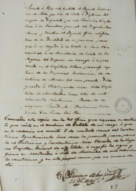 Ofício enviado em janeiro de 1825 por Luciano de las Casas ao Barão da Laguna (1764-1836), encami...