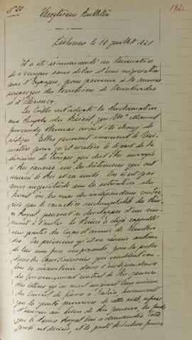 Boletim nº 20 de 18 de julho de 1821, relatando sobre a defesa territorial de Montevidéu, uma nov...
