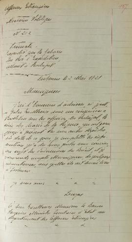 Ofício enviado por Lemps para Étienne Denis Pasquier (1767-1862), em 2 de maio de 1821, comunican...