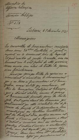 Ofício enviado por Lemps para Étienne Denis Pasquier (1767-1862), em 8 de dezembro de 1821, comun...