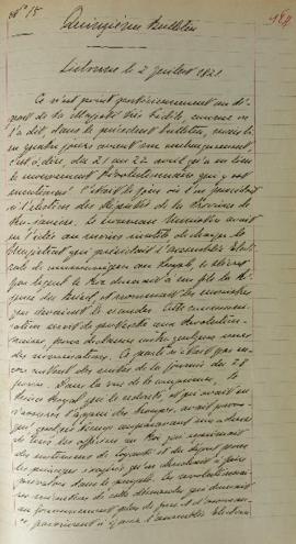 Ofício enviado em 02 de julho de 1821 informando sobre a partida de D. João VI para Portugal e so...