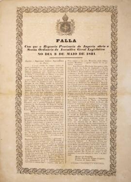 Impresso original do discurso da Regência provisória do Império na abertura da Assembléia Geral L...