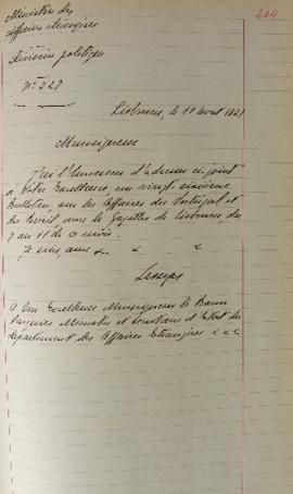 Despacho enviado pelo senhor Lemps ao Barão de Pasquer (1767-1862), em 11 de agosto de 1821, info...