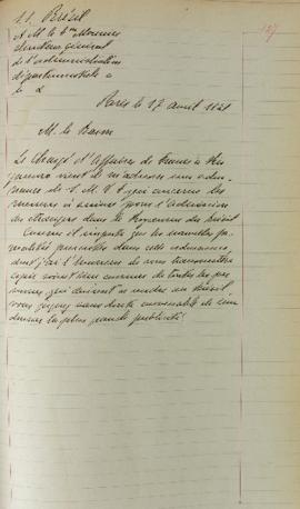 Ofício enviado por Étienne Denis Pasquier (1767-1862) para o Departamento de Administração Geral ...