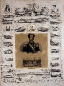 Dom Pedro I (1798-1834) ao centro com diferentes perspectivas de locais no rio de janeiro em volt...