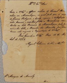 Ofício enviado pelo cônsul, João Luiz Airoza, ao Marquês de Aracaty (s.d.-1838), em 18 de abril d...