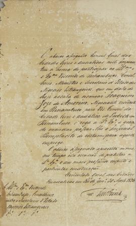 Nota a Antônio Luiz Pereira da Cunha (1760-1837), visconde de Inhambupe, informando que acaba de ...
