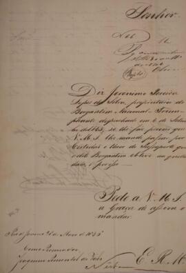 Certidão original datada de 28 de maio de 1846 produzida por M. E. de Campos (s.d.), da Secretaria de Estado dos Negócios da Marinha composta do teor do passaporte imperial obtido pela embarcação nacional “Triunfante” no ano de 1845.