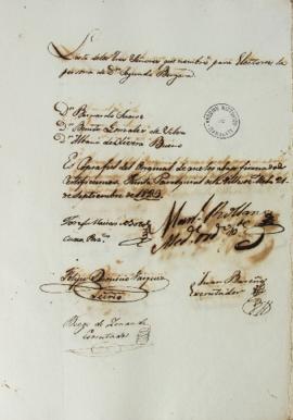 Lista de 21 de setembro de 1823 contendo os nomes dos eleitores da Vila de Melo: Bernardo Suares,...