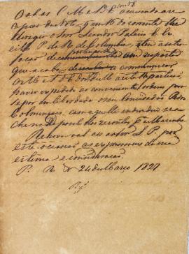 Minuta de 24 de março de 1827, endereçada a Leandro Palácio, enviado extraordinário e ministro pl...
