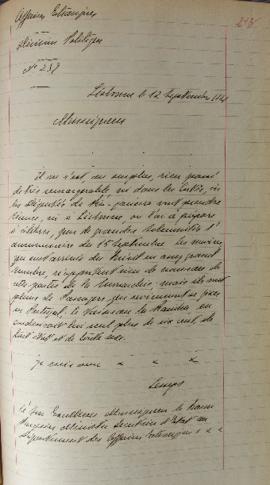 Despacho enviado pelo senhor Lemps ao Barão de Pasquier (1767-1862), em 12 de setembro de 1821, i...