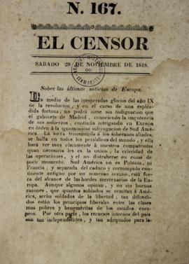 Artigo de jornal El Censor n. 167 de 28 de novembro de 1818 com as últimas notícias da Europa. Co...