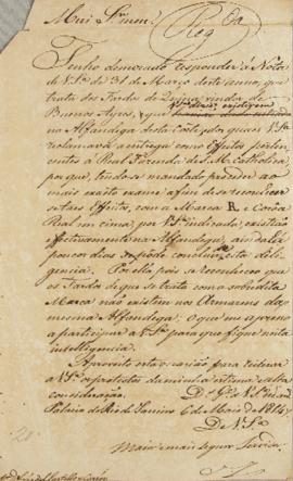 Despacho enviado a João Del Castilho, em 6 de maio de 1814, informando sobre o atraso na resposta...