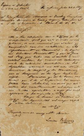 Legação de Leandro Palácios (1782-1836) ao Marquês de Queluz (1769-1833), enviado em 26 de julho ...