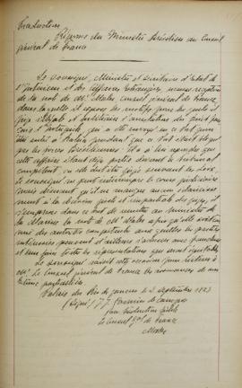 Ofício de 2 de setembro de 1823, do ministro José Joaquim Carneiro de Campos (1768-1836), a Jean-...