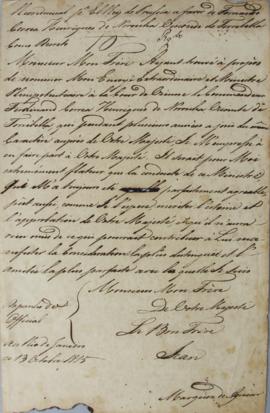Decreto de D. João VI (1767 – 1826) assinado em 13 de outubro de 1815, e endereçado ao Rei da Prú...
