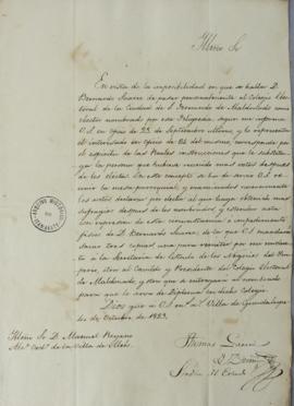 Ofício de 4 de outubro de 1823, enviado por Tomás García de Zuñiga (1780-1843) a Manuel Royano, i...