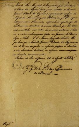 Minuta enviada em 26 de agosto de 1823, por José de Carvalho e Mello (1764 – 1826) solicitando qu...