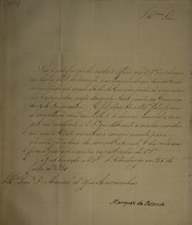 Ofício original enviado por Antonio Teles da Silva Caminha e Meneses (1790-1875), Marquês de Rese...