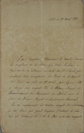 Ofício de 30 de abril de 1821, de Borgo di Primo, encarregado de negócios e cônsul-geral da Dinam...