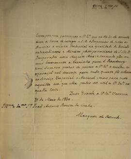 Ofício original enviado por Antonio Teles da Silva Caminha e Meneses (1790-1875), Marquês de Rese...