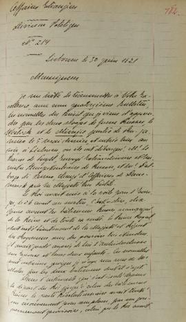 Ofício enviado pelo senhor Lemps ao Barão de Pasquieur (1767-1862), em 30 de junho de 1821, infor...