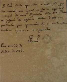 Carta patente assinada por D. João VI (1767-1826) em 23 de julho de 1812 nomeando Silvestre Pinhe...
