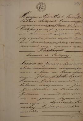 Certificado original redigido por Henrique do Carmo Edolo (1791-1861), tradutor público e intérprete comercial juramentado, pelo qual atesta a veracidade da tradução para o idioma nacional de um documento originalmente escrito em inglês. O referido documento contém a lista de fatura dos gêneros e bens carregados a bordo da barca americana “John A. Bob”, propriedade do cidadão brasileiro Manoel Pinto da Fonseca, que seguia para Cabinda.