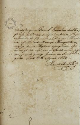 Documento com atestação médica de 7 de agosto de 1824, assinada por Thomas Ruiz Pereira, da condi...