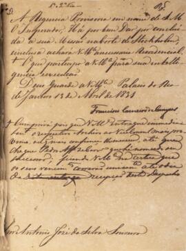 Despacho original enviado por Francisco Carneiro de Campos (1765-1842), para Antônio José da Silv...