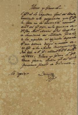 Cópia do ofício encaminhado por Tomás García de Zuñiga (1780-1843), em 28 de agosto de 1822, ao B...