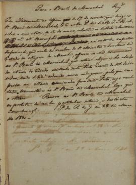 Minuta enviada ao Barão de Mareschhal (1784-1851), em 29 de março de 1830, informando sobre a par...