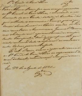 Despacho de Pedro Álvares Diniz (s.d.), enviado ao Conde de Casa Flores (1759-1833), em 22 de ago...