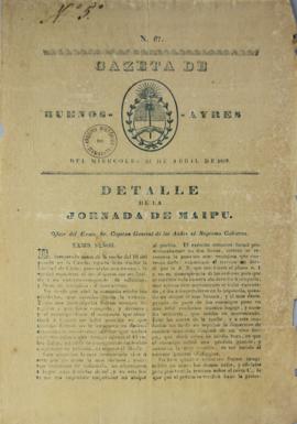 Artigo de jornal da Gazeta de Buenos Aires de 22 de abril de 1818 sobre a Batalha de Maipu, conte...