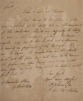 Carta original com data de 17 de fevereiro de 1844, transmitindo o encaminhamento detalhado dos possíveis argumentos que seriam levantados pelos réus para serem apresentados durante o processo judicial.