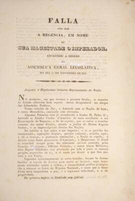 Impresso original do discurso da Regência do Império no encerramento da Assembléia Geral Legislat...