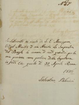 Documento nº 47, de Salvatore Palmieri informando o recebimento do valor de 15 escudos de Francis...