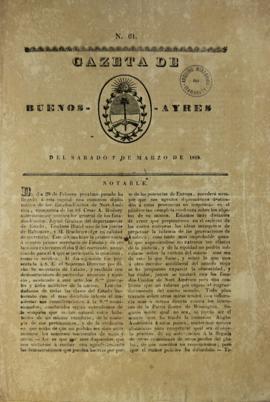 Artigo da Gazeta de Buenos Aires de 7 de março de 1818 que aborda a chegada de uma comissão diplo...