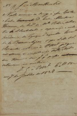 Despacho enviado por Luiz Moutinho Lima Alvares e Silva (1792-1863) em 7 de julho de 1828. O docu...