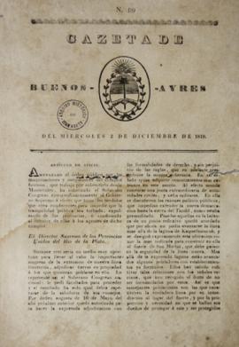 Artigo de Jornal da Gazeta de Buenos Aires do dia 2 de dezembro de 1818 contendo parte do ofício ...