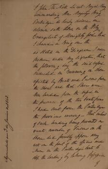 Relatório original escrito por John Thomas Nott, transmitindo a declaração de acusação do brigue Leopoldina conforme os tratados com a Comissão Mista Brasil-Grã-Bretanha. Contém anexos.