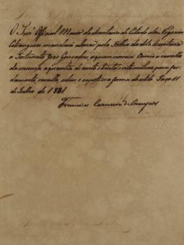 Despacho enviado por  Francisco Carneiro de Campos (1765 - 1842), em 11 de julho de 1881, informa...