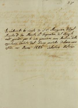 Nota nº 27 informando o recebimento de 20 escudos do Monsenhor Francisco Corrêa Vidigal (s.d-1838...
