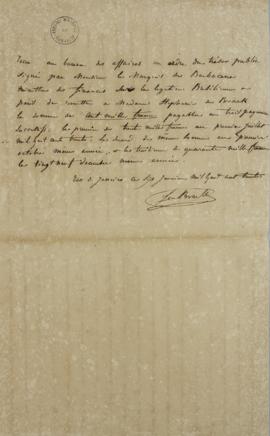 Carta original de 6 de janeiro de 1830, assinada por L. Brack, na qual acusa o recebimento de uma...